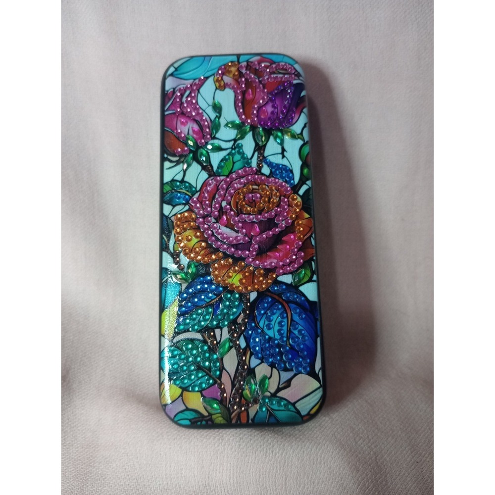 Handmade Diamond Painted Eyeglass Case Rose Floral Stained Glass Design Hard...